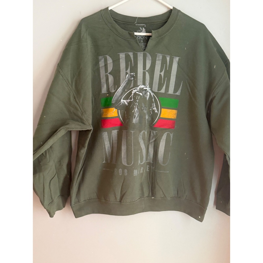 Zion Rootswear Bob Marley Rebel Music Sweatshirt Olive Green XL Notch Neck